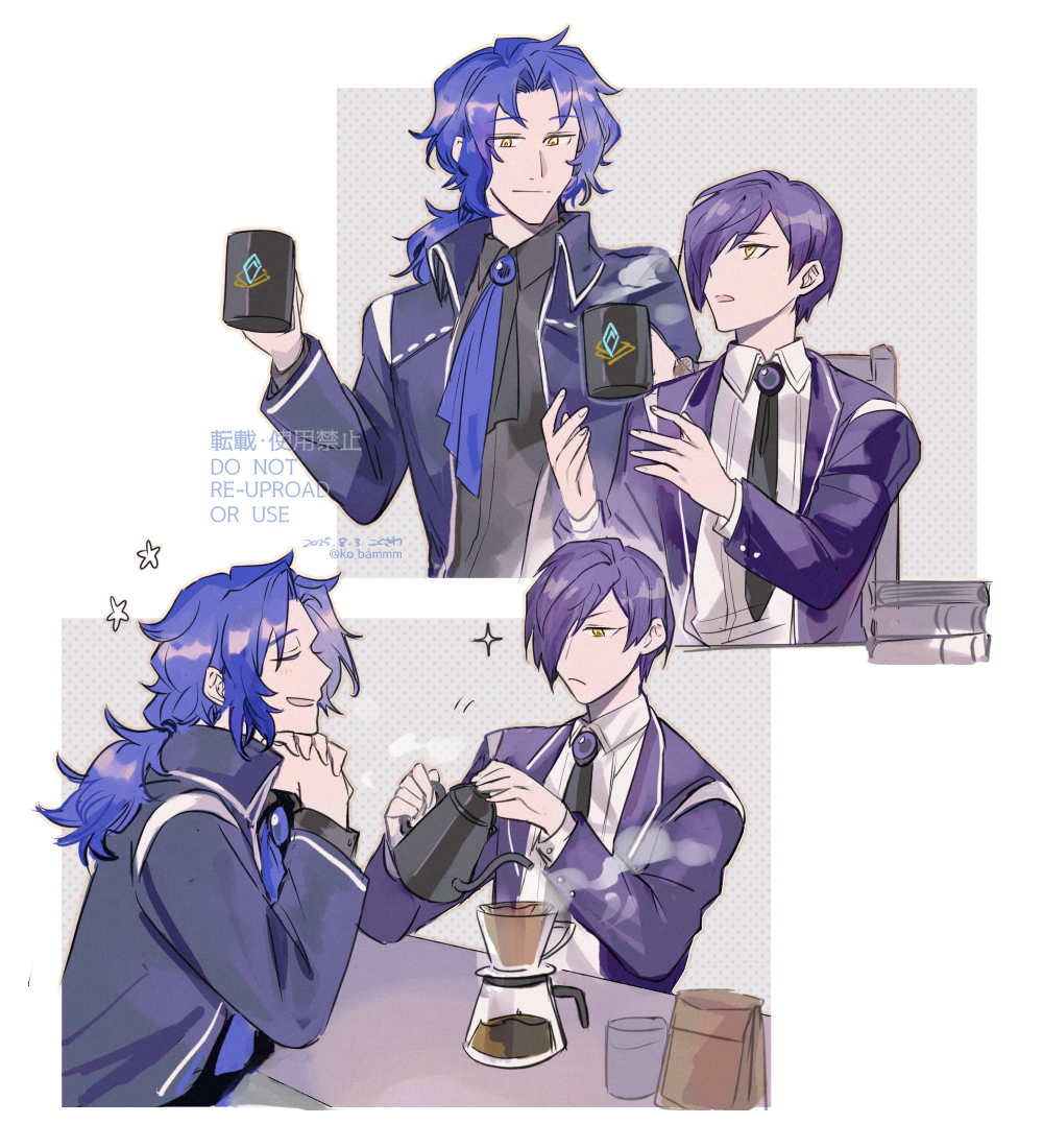2boys, ascot, black_necktie, black_shirt, blue_ascot, blue_coat, blue_hair, chesed_(project_moon)