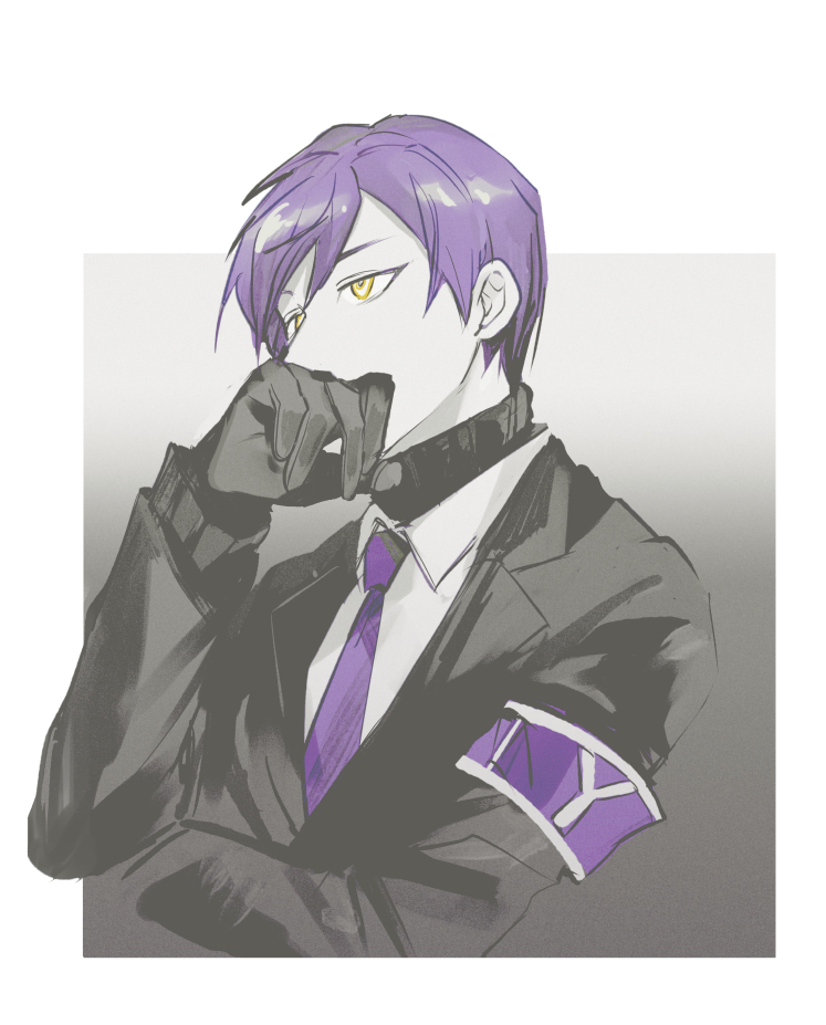 1boy, armband, black_jacket, black_sweater, border, collared_shirt, grey_background, jacket