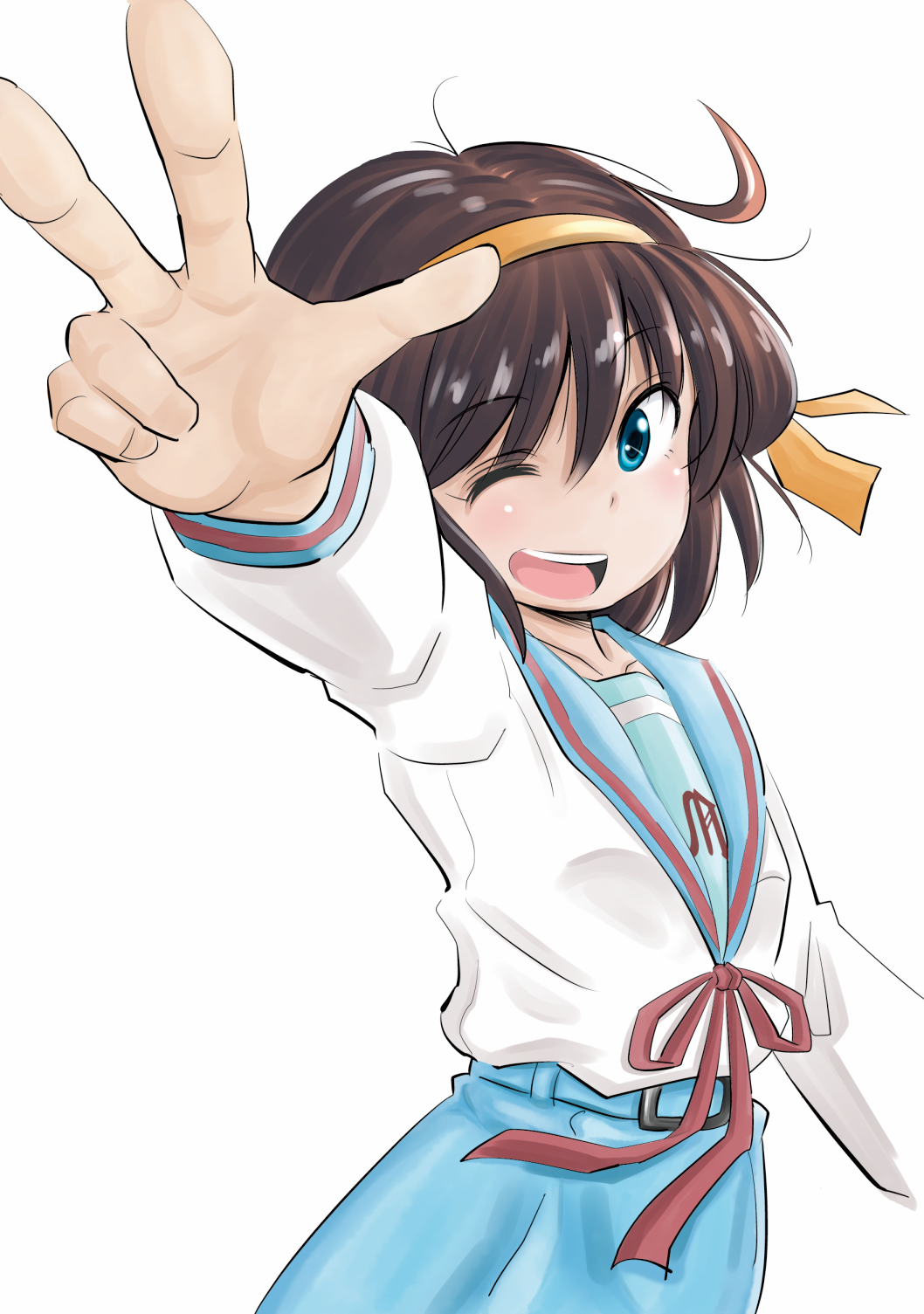 blue_eyes, brown_hair, hair_ribbon, highres, kayasaki_sakura, perspective, ribbon, school_uniform