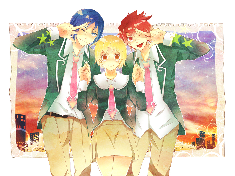 2boys, agemaki_wako, blonde_hair, blue_hair, border, brown_eyes, hand_holding, holding_hands