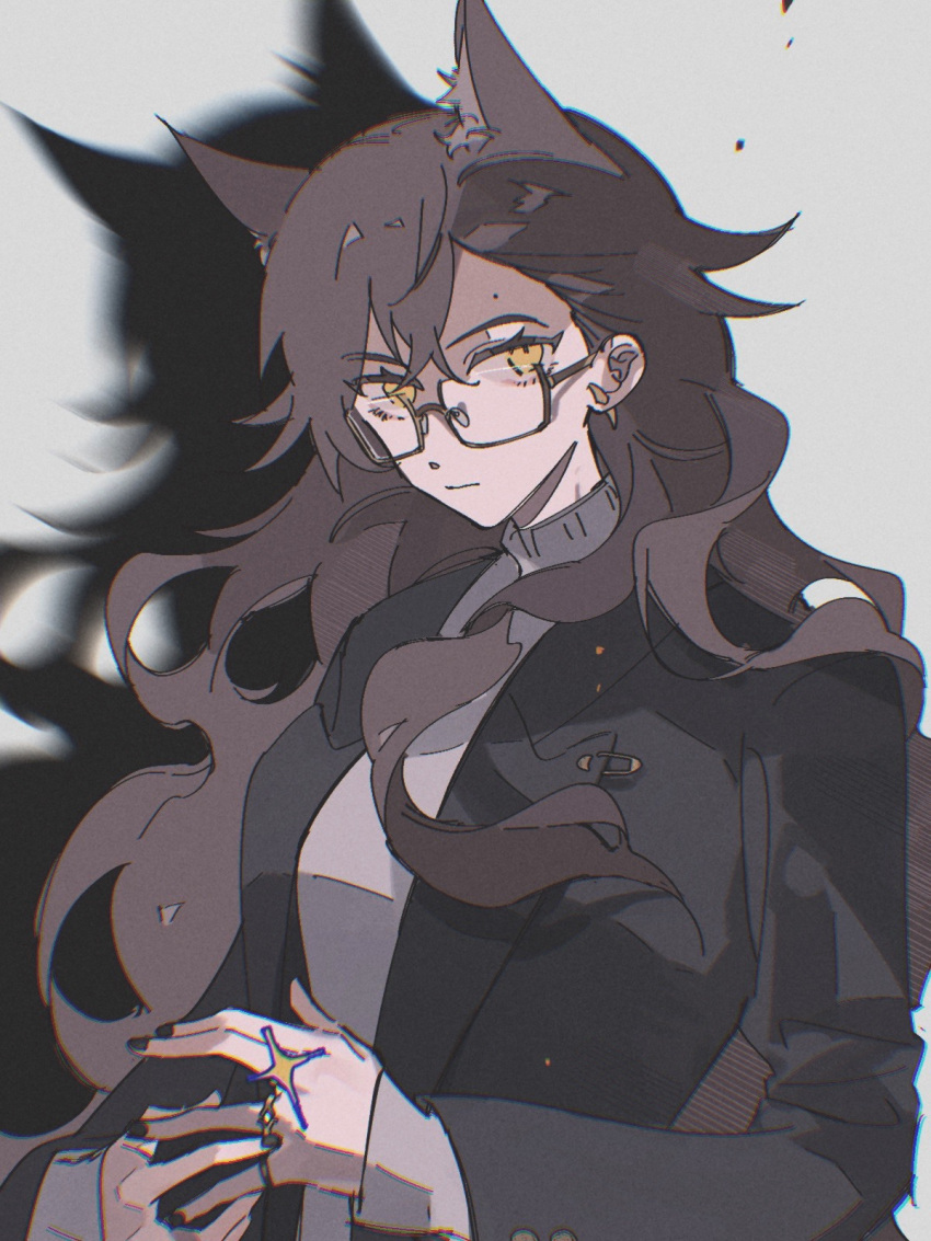 1girl, adjusting_ring, animal_ears, arknights, black_jacket, black_nails, blazer, brown-framed_eyewear