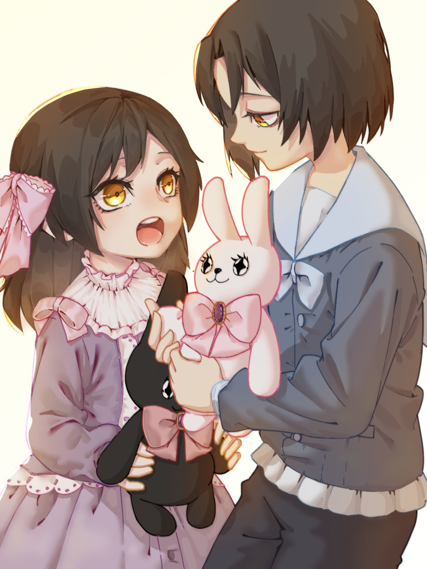 1boy, 1girl, aged_down, bad_id, bad_pixiv_id, black_hair, black_pants, blue_shirt