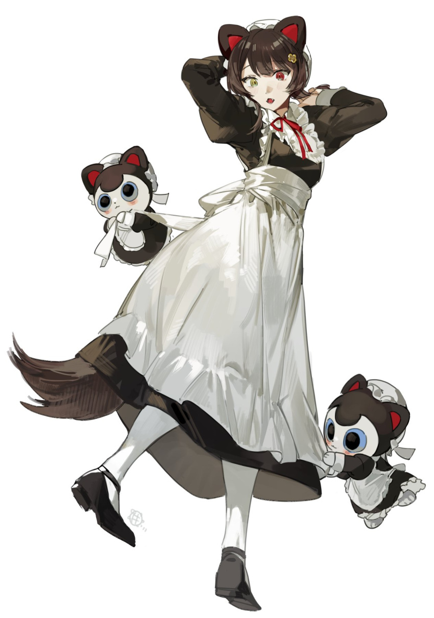 1girl, animal_ears, anklet, apron, arm_behind_back, banken_(inui_toko), bib_collar, black_shoes, blue_eyes, blush, bokyo, brown_hair, brown_tail, dog_ears, dog_girl, dog_tail, dress, fang, frilled_skirt, frills, heterochromia, highres, inui_toko, inui_toko_(western_maid), jewelry, juliet_sleeves, long_dress, long_sleeves, maid, maid_apron, maid_headdress, medium_hair, nijisanji, official_alternate_costume, pantyhose, puffy_sleeves, red_eyes, shoes, sidelocks, skirt, swept_bangs, tail, white_apron, white_headdress, white_pantyhose, yellow_eyes