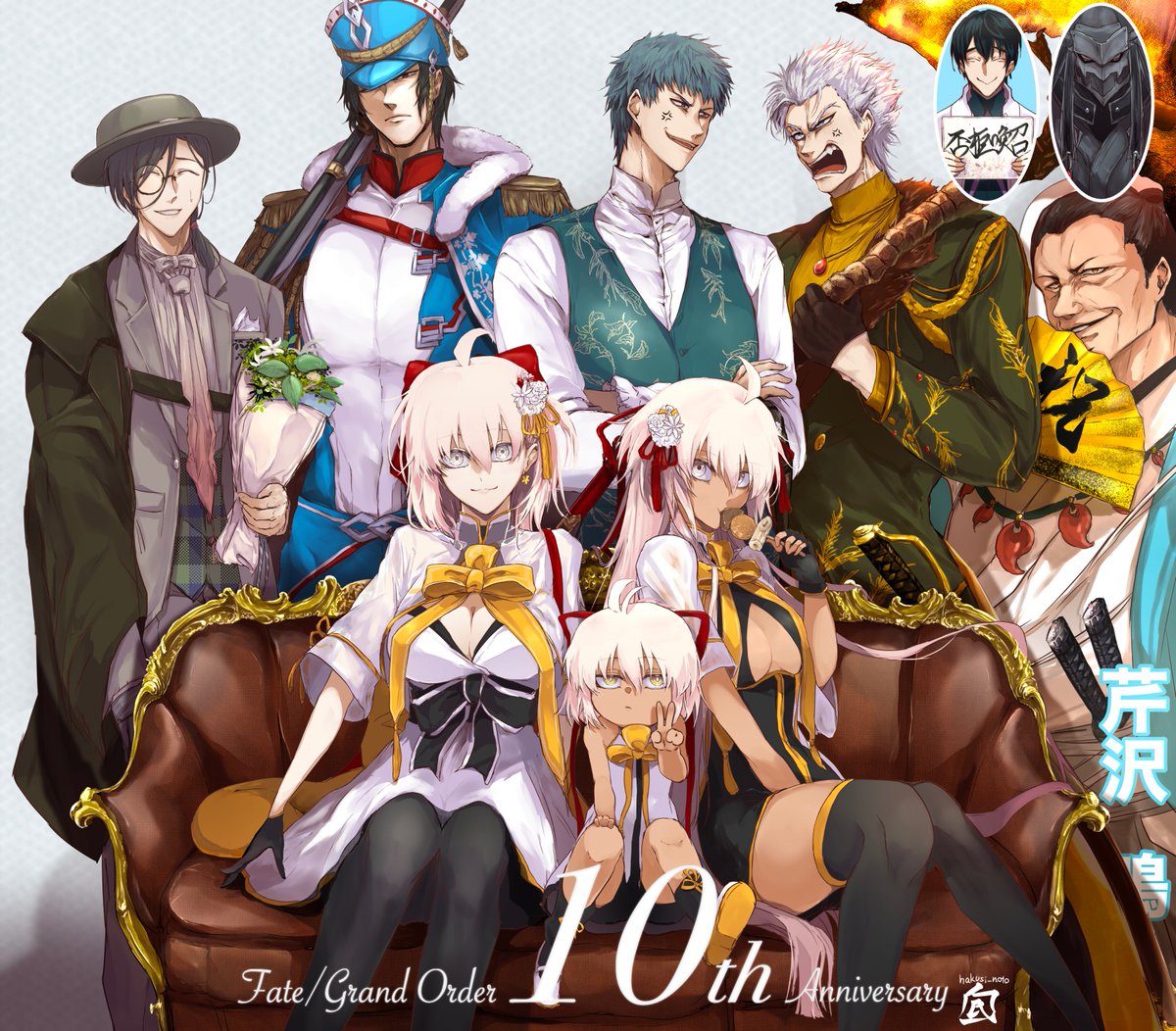 3girls, 6+boys, ahoge, aiguillette, anger_vein, armor, axe, belt_ribbon