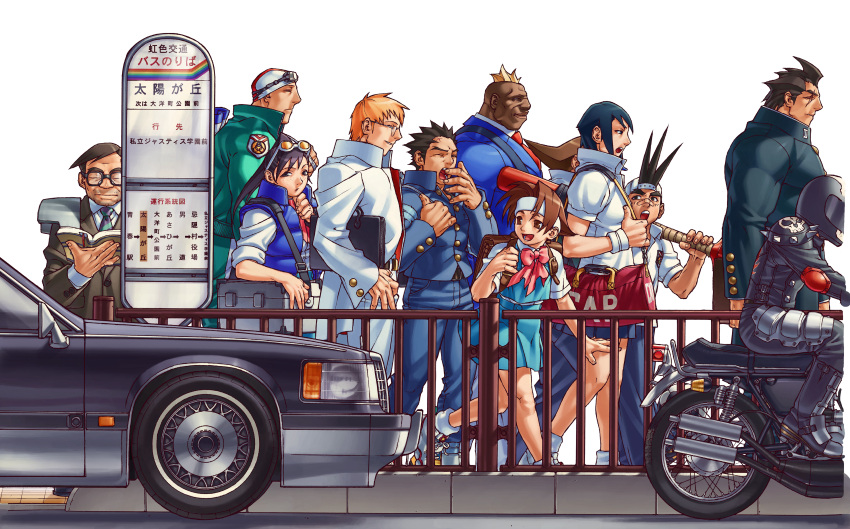 4girls, 6+boys, :d, absurdres, armor, ayuhara_natsu, backpack, backwards_hat