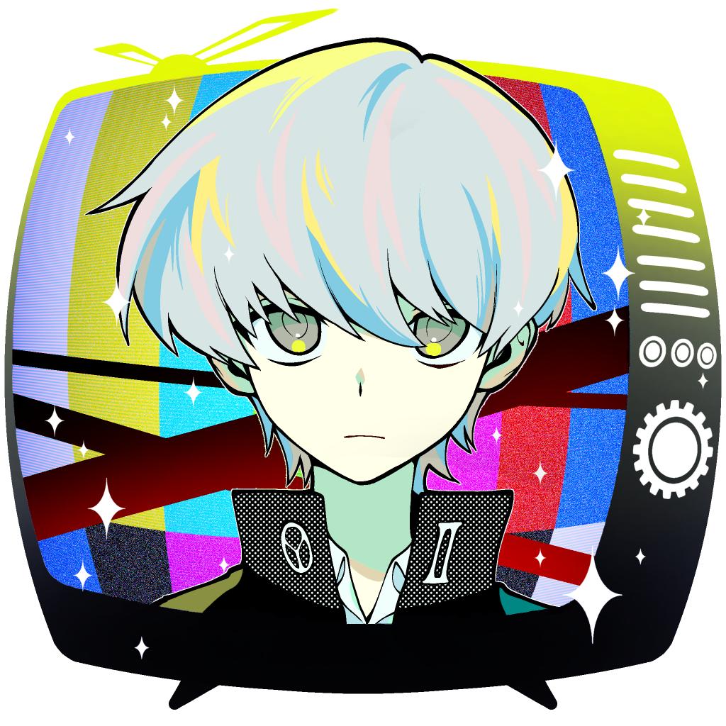 1boy, closed_mouth, collared_shirt, commentary, cropped_shoulders, crt, dot_nose, frown, grey_eyes, hair_behind_ear, hashtag-only_commentary, ka_howareyou, male_focus, narukami_yu, open_collar, patterned_clothing, persona, persona_4, popped_collar, shirt, short_hair, solo, sparkle, straight-on, white_background, white_hair, white_shirt