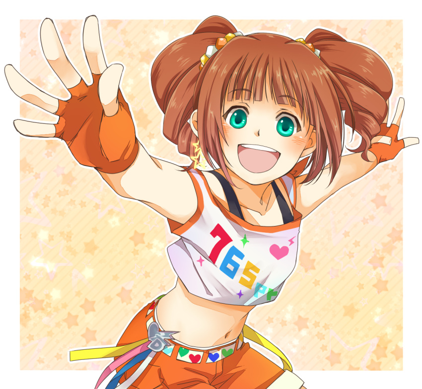 brown_hair, fingerless_gloves, gloves, green_eyes, highres, idolmaster, kashiwa_mochi, kashiwa_mochi_(tsuni)