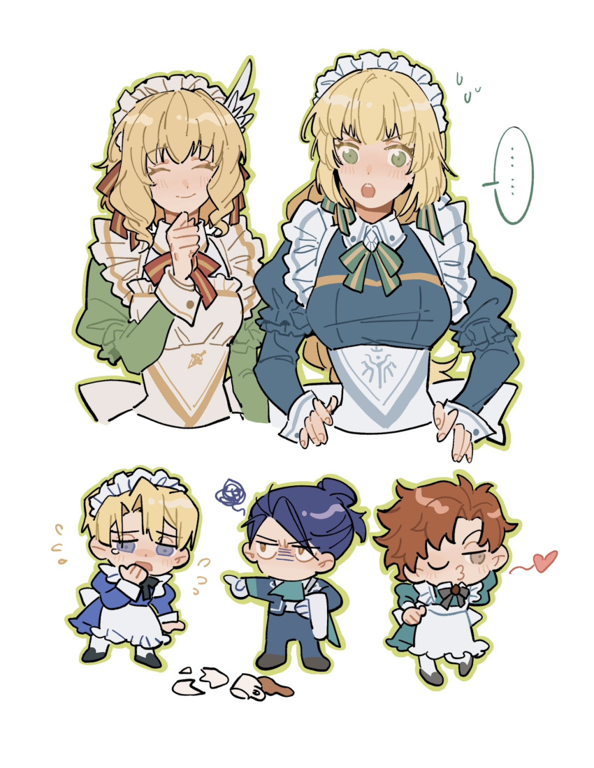 2girls, 3boys, apron, ascot, black_hair, blonde_hair, blue_dress, blue_eyes, blue_hair, blue_suit, blush, bow, breasts, broken_cup, broken_plate, brown_eyes, butler, closed_eyes, closed_mouth, cosplay, crossdressing, cup, dimitri_alexandre_blaiddyd, dress, felix_hugo_fraldarius, felix_hugo_fraldarius_(savant's_service), fire_emblem, fire_emblem:_genealogy_of_the_holy_war, fire_emblem:_thracia_776, fire_emblem:_three_houses, fire_emblem_heroes, green_eyes, grey_apron, hair_bun, hair_ornament, headdress, highres, ingrid_brandl_galatea, ingrid_brandl_galatea_(cordial_teatime), ingrid_brandl_galatea_(cosplay), julianlynnnn, long_hair, long_sleeves, maid, maid_apron, maid_headdress, multiple_boys, multiple_girls, nanna_(cordial_teatime)_(fire_emblem), nanna_(fire_emblem), official_alternate_costume, one_eye_closed, open_mouth, pants, plate, pointing, red_hair, shirt, short_hair, simple_background, smile, spill, suit, sylvain_jose_gautier, teacup, teeth, upper_body, upper_teeth_only, white_apron, white_background, wing_hair_ornament