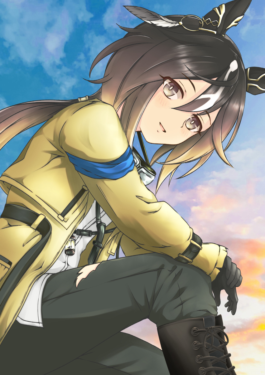1girl, animal_ears, black_boots, black_gloves, blush, boots, brown_hair, commentary_request