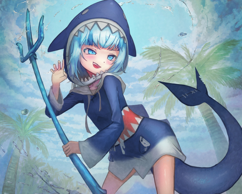 1girl, animal_hood, blue_eyes, blue_hoodie, fins, fish_tail, gawr_gura, highres