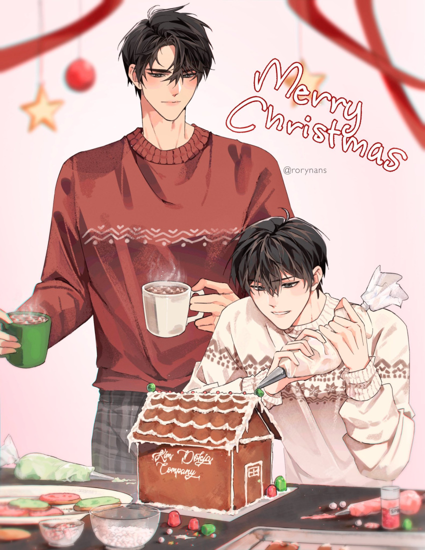 2boys, :d, ahoge, black_hair, bowl, christmas_tree_ornament, commentary, cookie, cup, decorating_baked_goods, english_commentary, english_text, expressionless, food, gingerbread_house, grin, gumdrop_(candy), highres, holding, holding_cup, holding_pastry_bag, hot_chocolate, icing, kim_dokja, looking_at_another, male_focus, marshmallow, merry_christmas, multiple_boys, narrowed_eyes, omniscient_reader's_viewpoint, pants, pastry_bag, plaid_clothes, plaid_pants, print_sweater, red_sweater, rorynans, short_hair, sitting, smile, sprinkles, star_(symbol), streamers, sweater, white_sweater, yoo_joonghyuk
