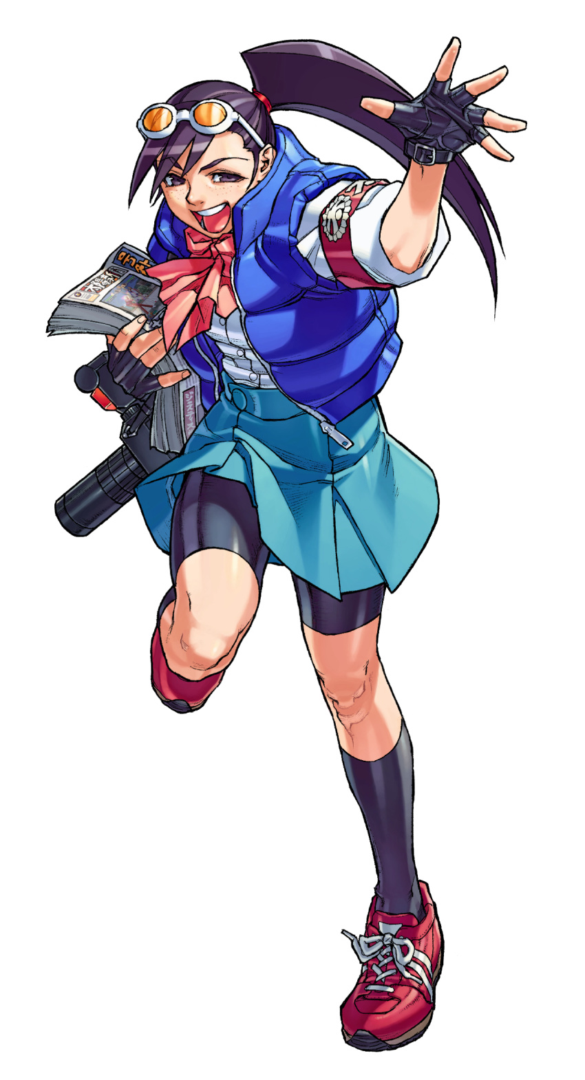 1girl, :d, armband, black_gloves, blue_skirt, blue_vest, bow, brown_eyes