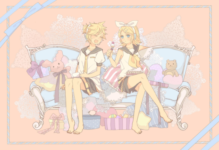 blonde_hair, blue_eyes, brother_and_sister, couch, crossed_legs, cup, feet, hair_ornament