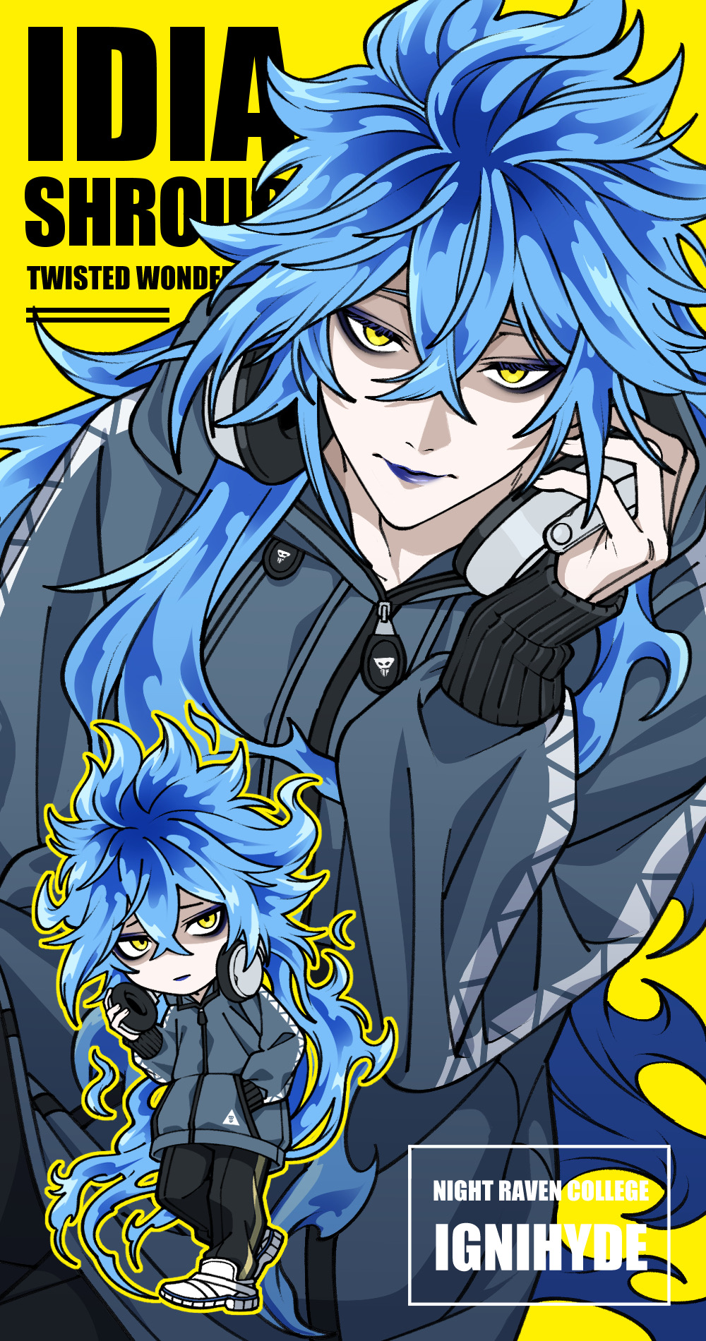 1boy, black_pants, blue_eyeshadow, blue_hair, blue_jacket, blue_lips, character_name, chibi
