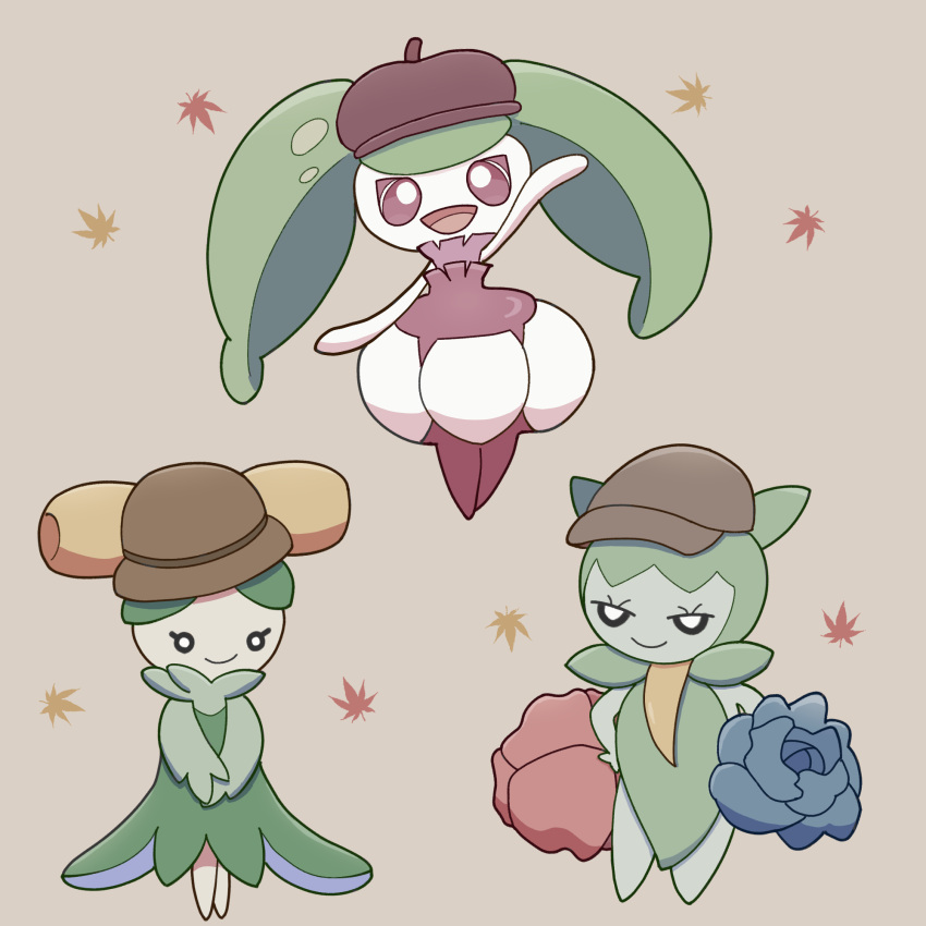 :d, arm_up, autumn_leaves, brown_hat, closed_mouth, clothed_pokemon, commentary_request, dolliv