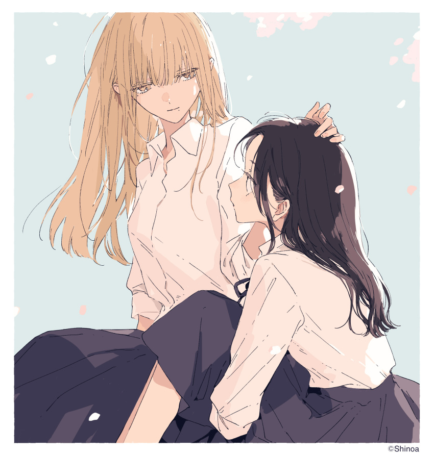 2girls, absurdres, black_hair, blonde_hair, falling_petals, hand_on_another's_head, highres, kakmxxxny06