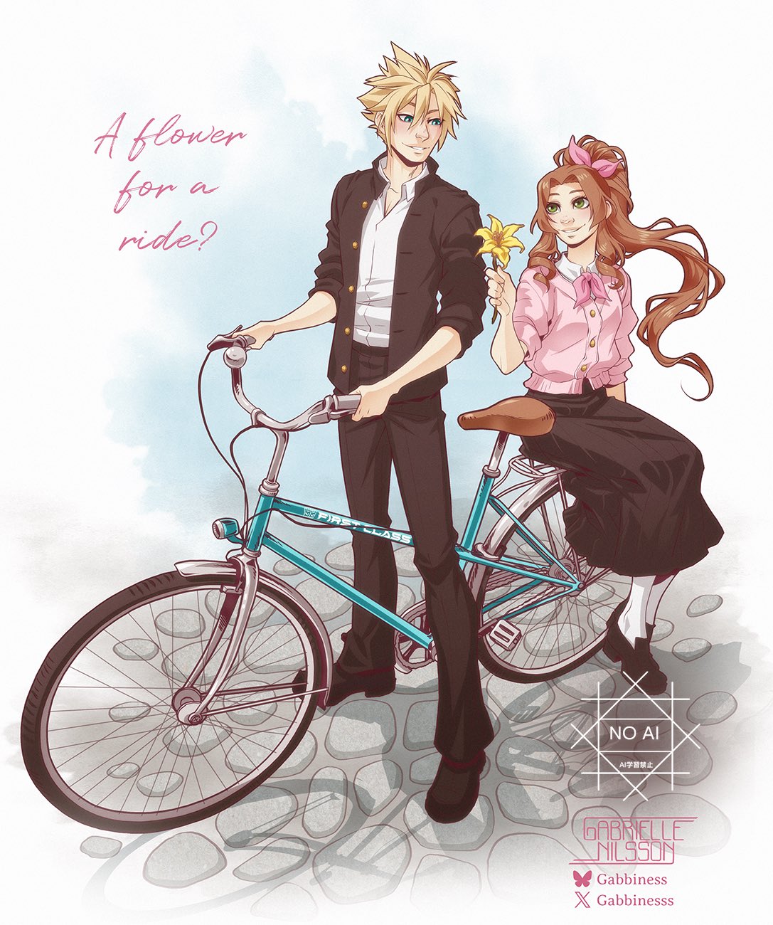 aerith_gainsborough, alternate_costume, aqua_eyes, artist_name, bicycle, black_jacket, black_pants, black_shoes