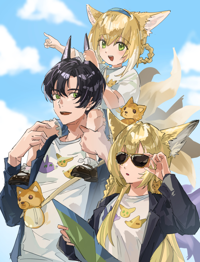 1boy, 2girls, adjusting_eyewear, alternate_costume, animal_bag, animal_ears, arknights, bag