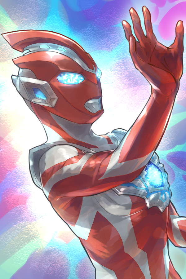 1boy, abstract_background, alien, arm_up, armor, blue_eyes, breastplate, color_timer