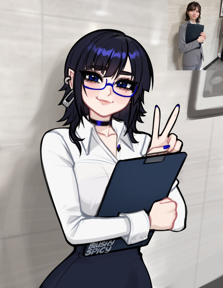 1girl, araki_saori, artist_name, black_choker, black_hair, blue-framed_eyewear, blue_eyes, blue_nails