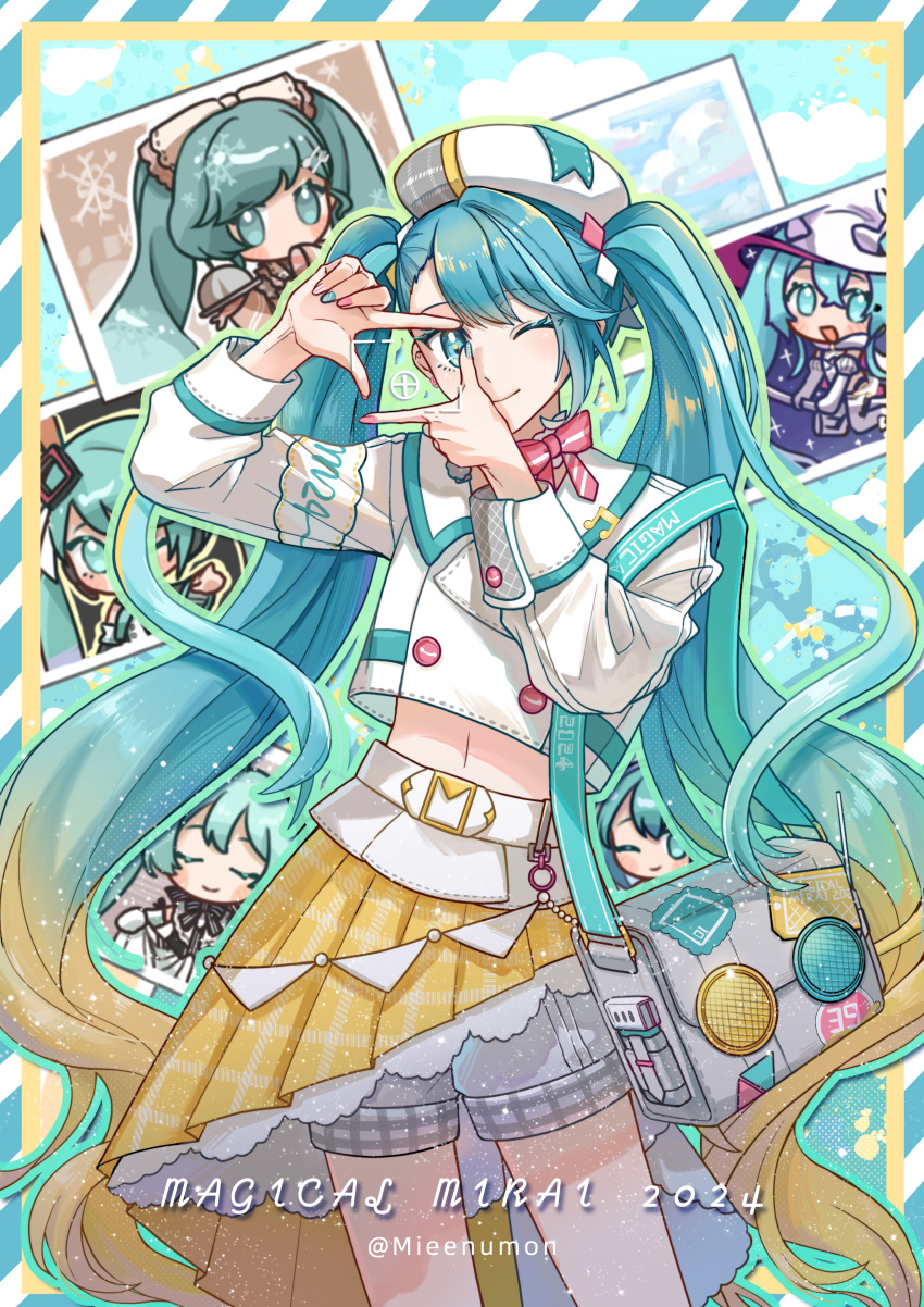 1girl, absurdres, aqua_eyes, aqua_hair, aqua_nails, bag, belt, blonde_hair