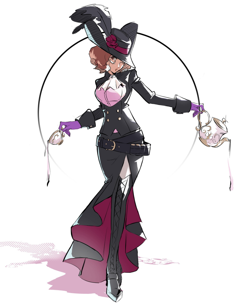 absurdres, adapted_costume, ascot, black_coat, black_skirt, boots, brown_hair, coat
