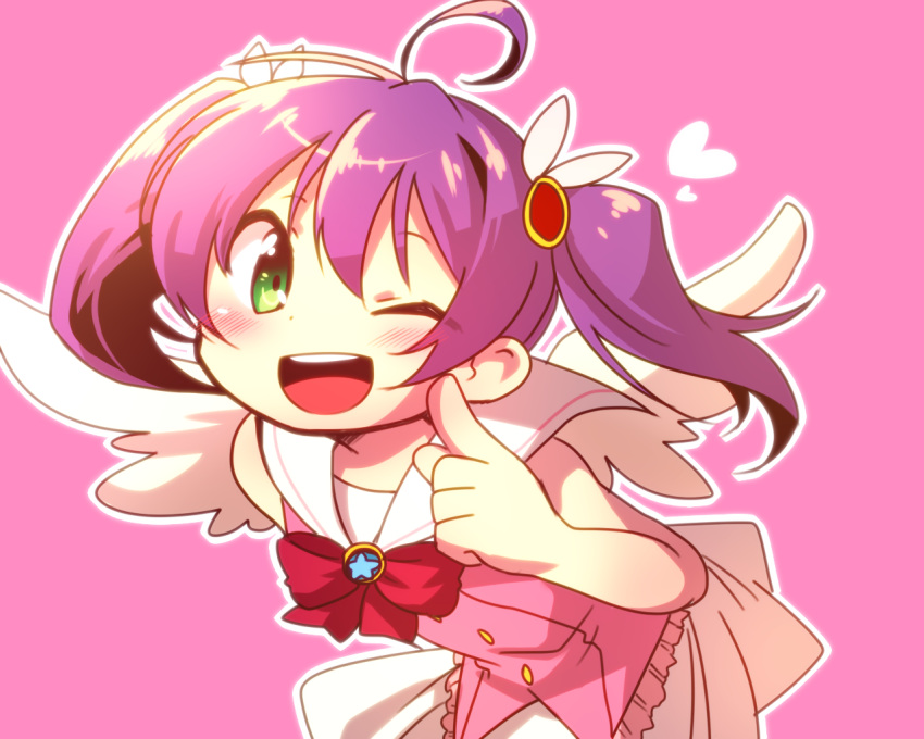 1girl, :d, ahoge, aka_muffler_yamato, angel_wings, blue_gemstone, blush, bow