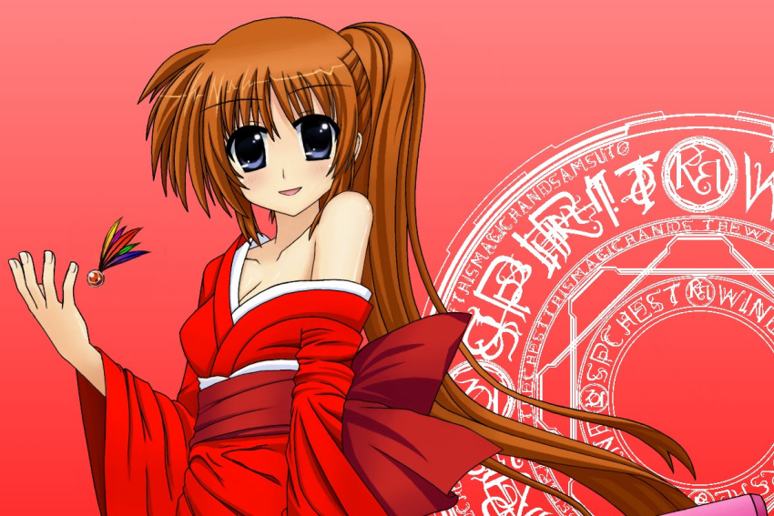 badminton, blue_eyes, blush, brown_hair, excellion, japanese_clothes, kimono, long_hair, lyrical_nanoha, magic_circle, mahou_shoujo_lyrical_nanoha, mahou_shoujo_lyrical_nanoha_strikers, off_shoulder, purple_eyes, raising_heart, side_ponytail, solo, takamachi_nanoha