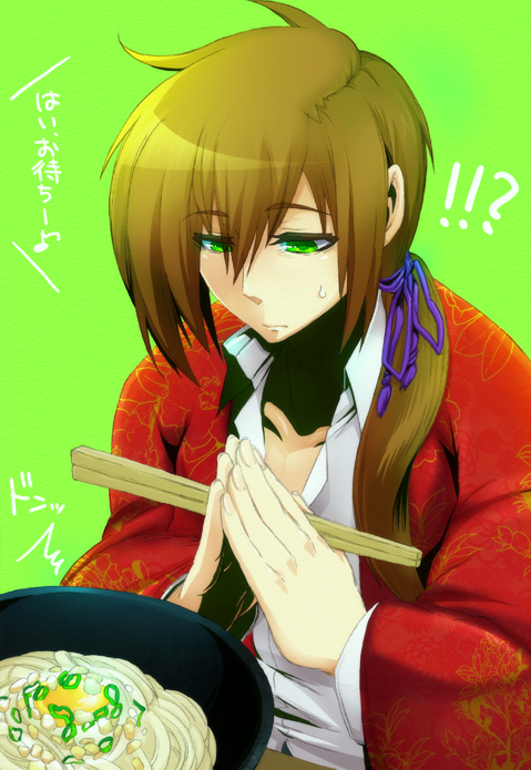 brown_hair, chopsticks, dougan_calpis_con, food, green_eyes, hanachirasu, long_hair, male