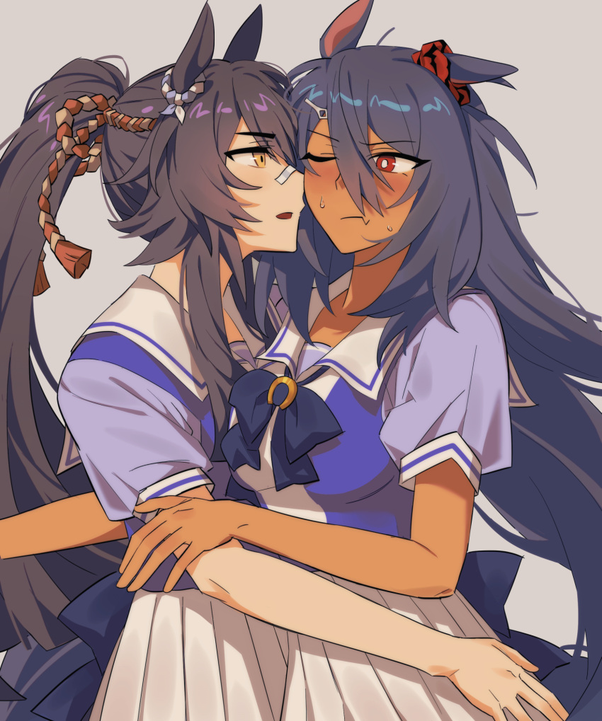 2girls, animal_ears, bandage_on_nose, bandages, black_hair, blue_bow, blue_bowtie, blush