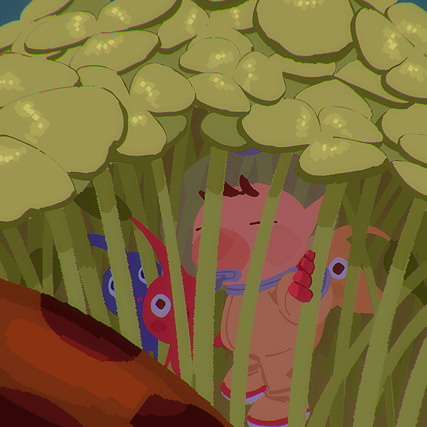 1boy, big_nose, blue_pikmin, blue_skin, blush_stickers, brown_hair, clover, colored_skin