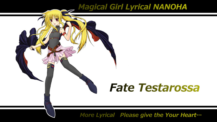 black_legwear, blonde_hair, blush, boots, cape, engrish, excellion, fate_testarossa, highres, leotard, long_hair, lyrical_nanoha, mahou_shoujo_lyrical_nanoha, mahou_shoujo_lyrical_nanoha_the_movie_1st, miniskirt, print_legwear, ranguage, red_eyes, skirt, sleeveless, thigh-highs, thighhighs, twintails