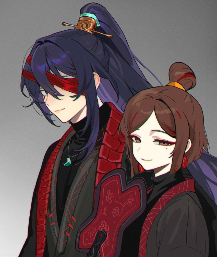 1boy, 1girl, bandage_over_one_eye, black_eyes, black_hair, black_hanfu, black_sweater, brown_eyes