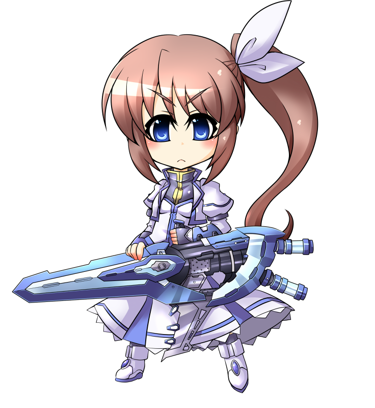 armor, blue_eyes, blush, boots, brown_hair, chibi, dress, hair_ribbon
