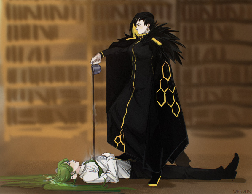 1boy, 1girl, binah_(project_moon), black_coat, black_dress, black_eyes, black_hair, black_pants