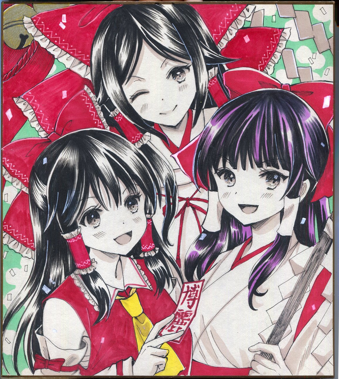 ascot, bell, black_hair, bow, frilled_hair_tubes, frills, gohei, hair_bow