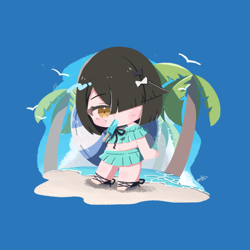 1girl, aqua_bikini, aqua_skirt, bare_shoulders, beach, bikini, bird, black_hair
