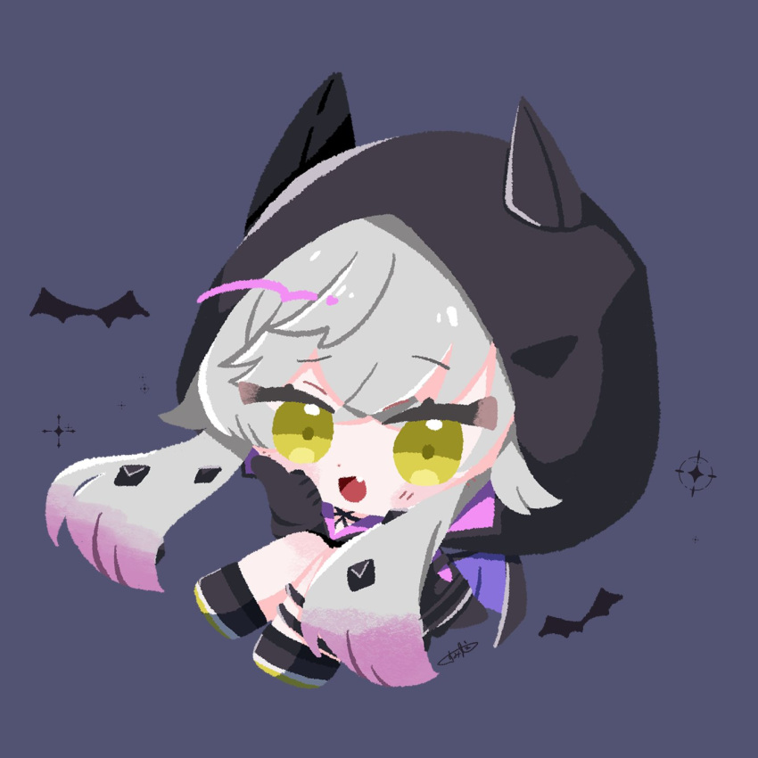 1girl, black_hoodie, blue_background, blush_stickers, chibi, chibi_only, demon_girl, demon_horns