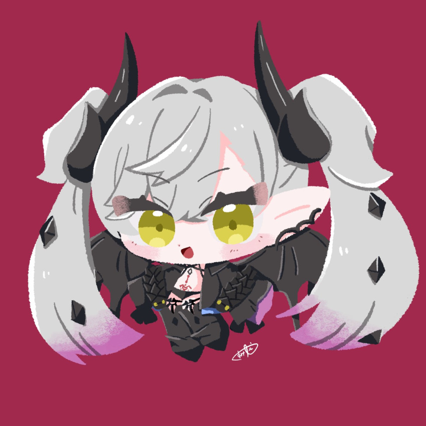 1girl, blush_stickers, chibi, chibi_only, demon_girl, demon_horns, demon_wings, earrings