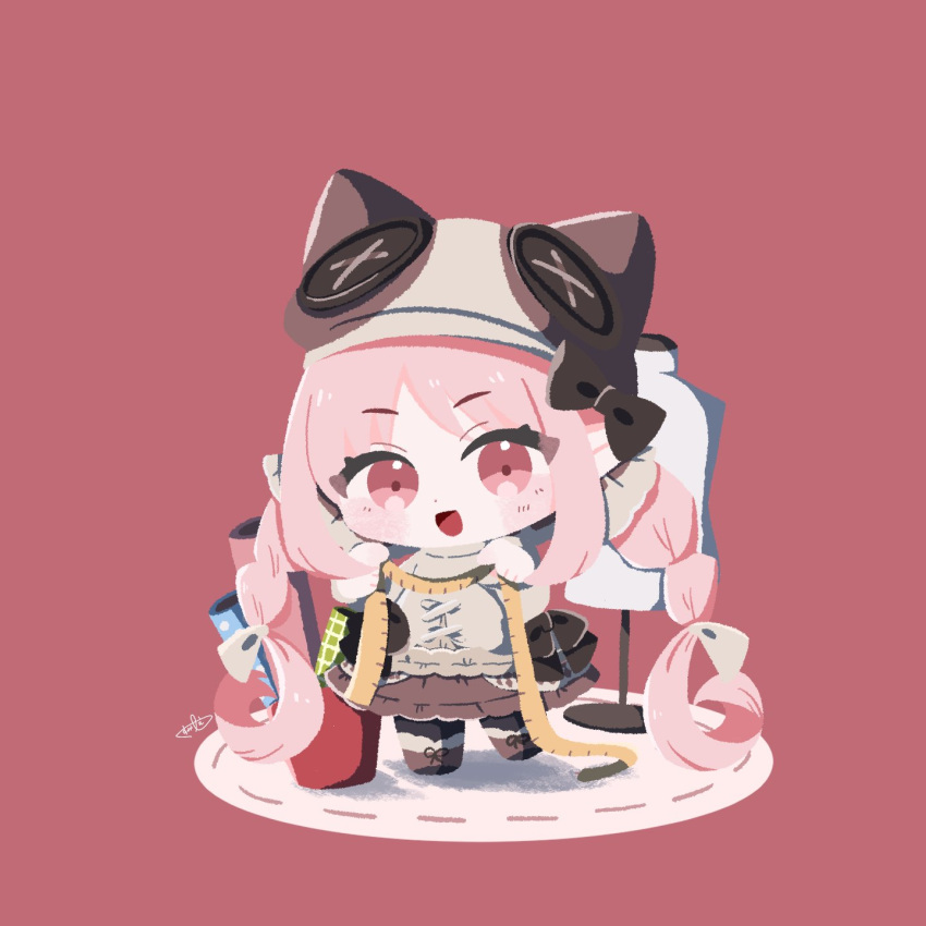 1girl, animal_hat, black_pantyhose, blush_stickers, brown_shoes, brown_skirt, cat_hat, chibi, chibi_only, fate/grand_order, fate_(series), habetrot_(fate), habetrot_(fgo_fes._2025)_(fate), hat, highres, holding_tape_measure, long_hair, mannequin, pantyhose, pink_background, pink_eyes, pink_hair, pointy_ears, shirt, shoes, simple_background, skirt, solo, tape_measure, twintails, white_shirt, yue_cang87