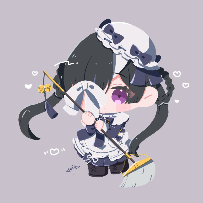 1girl, apron, bell, black_boots, black_hair, blue_dress, blush_stickers, boots