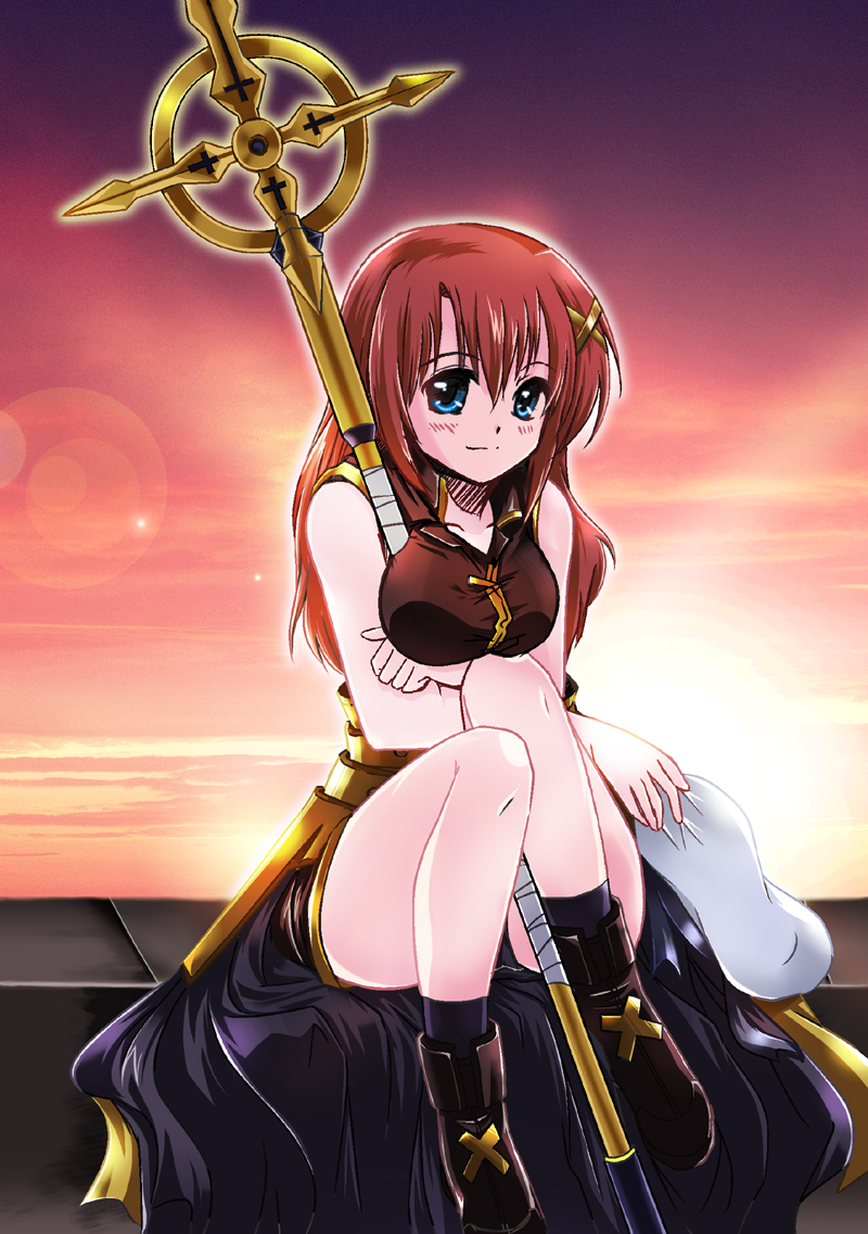 black_dress, black_legwear, blue_eyes, blush, boots, breast_hold, breasts, brown_hair