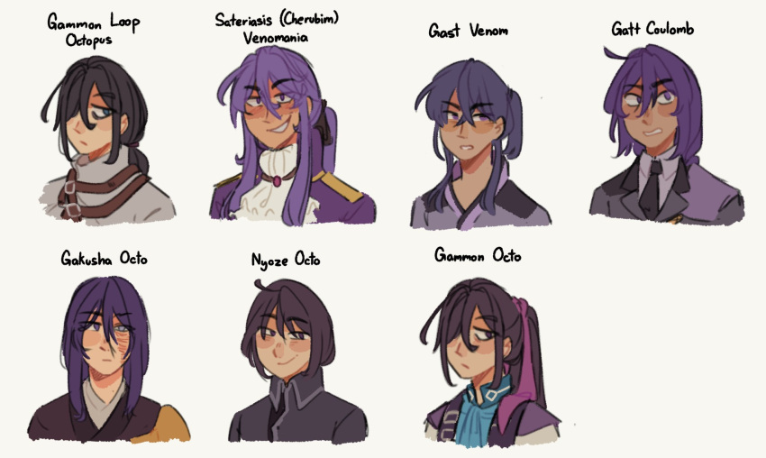 6+boys, aku_no_musume_(series), ascot, bags_under_eyes, black_eyes, black_hair, black_kimono, black_necktie, blue_shirt, blush_stickers, burn_scar, chaban_capriccio_(vocaloid), collared_jacket, collared_shirt, enbizaka_no_shitateya_(vocaloid), epaulettes, evillious_nendaiki, frilled_ascot, frills, gakusha_(evillious_nendaiki), gammon_octo, gast_venom, gatt_coulomb, gem, grey_jacket, grey_kimono, grin, hair_down, hair_over_one_eye, hair_ribbon, high_collar, highres, jacket, japanese_clothes, kamui_gakupo, kimono, long_hair, long_sidelocks, look-alike, looking_at_viewer, manque, medium_hair, monk, multiple_boys, necktie, nyoze_octo, purple_gemstone, purple_hair, purple_jacket, purple_kimono, purple_ribbon, reincarnation, ribbon, saigo_no_revolver_(vocaloid), scar, scar_on_face, shirt, shirt_under_kimono, sidelocks, smile, straitjacket, venomania_kou_no_kyouki_(vocaloid), very_long_hair, violet_eyes, vocaloid, white_kimono, white_shirt