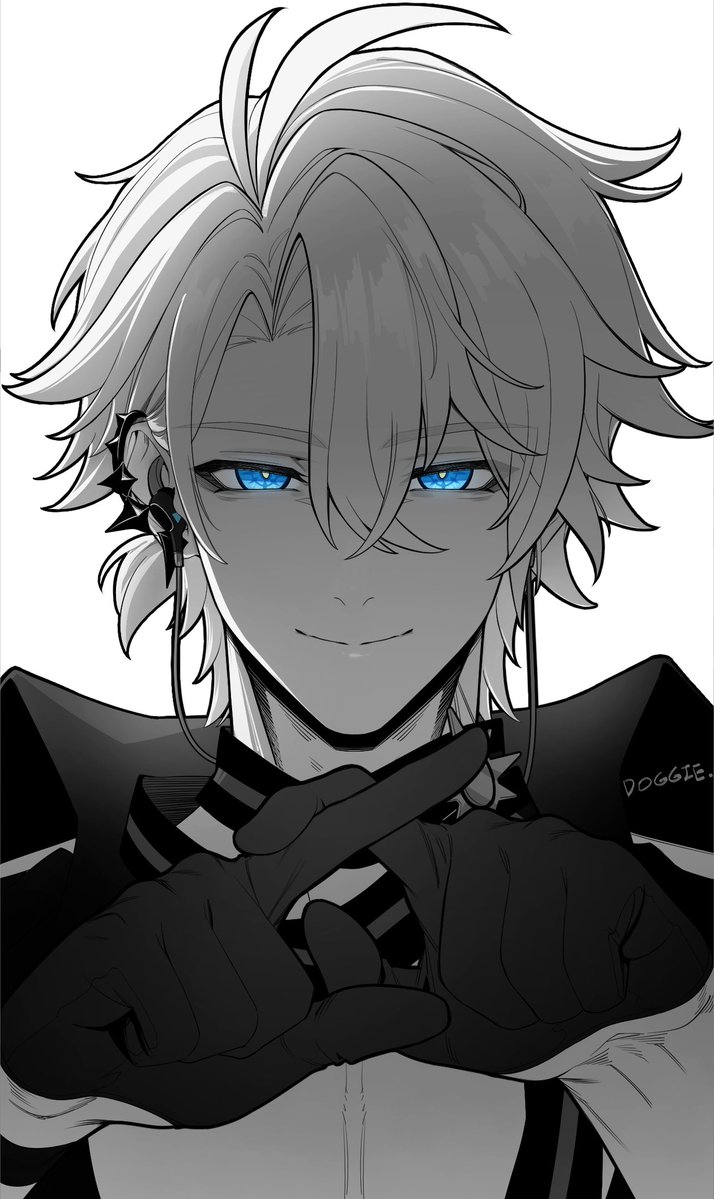 1boy, antenna_hair, artist_name, black_gloves, blue_eyes, crossed_bangs, doggie117, earclip