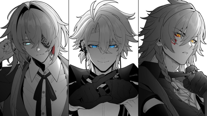 3boys, alternate_costume, anaxa_(honkai:_star_rail), antenna_hair, aqua_eyes, artist_name, black_gloves, blue_eyes