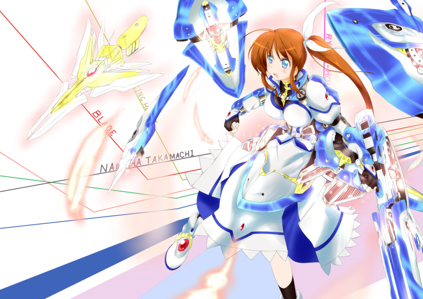 black_legwear, blue_eyes, boots, brown_hair, dress, fingerless_gloves, footwear, fortress_(nanoha)