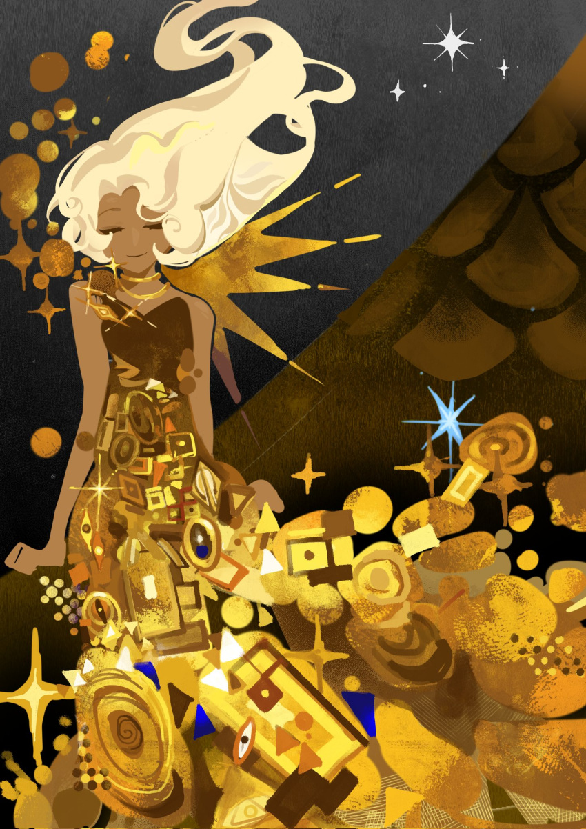 1girl, blonde_hair, closed_eyes, closed_mouth, dark-skinned_female, dark_skin, dress, full_body