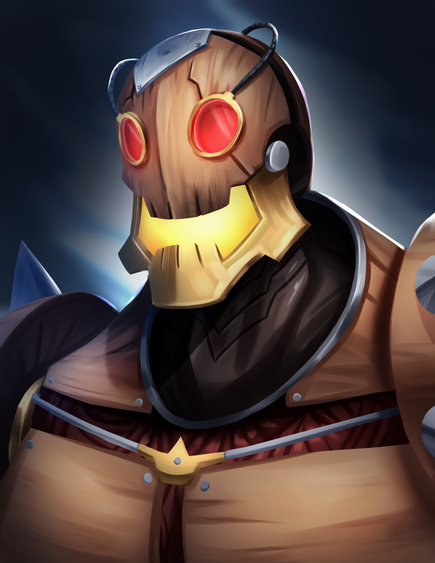 1other, absurdres, curiobot, dark_background, dungeons_&amp;_dragons, highres, holostars, holostars_english, metal_plate, open_mouth, portrait, red_eyes, ribbionss, robot, screw, solo, upper_body