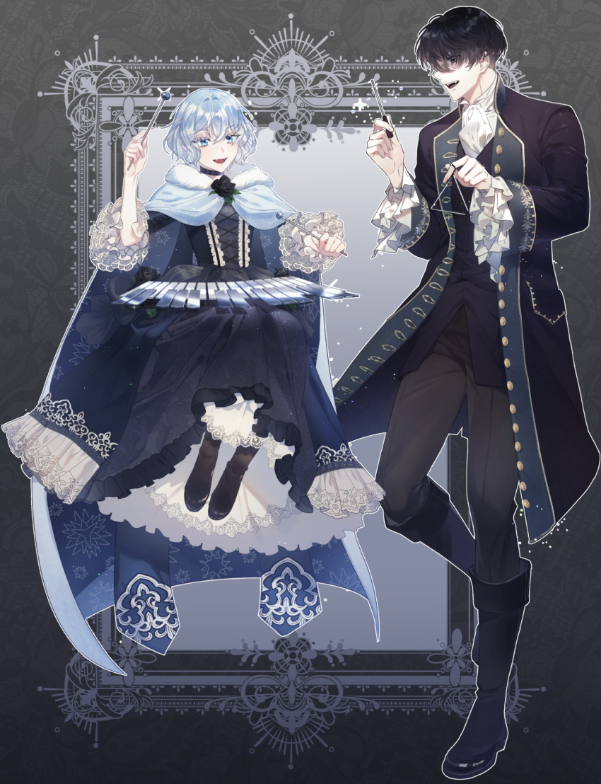 1boy, 1girl, black_boots, black_coat, black_dress, black_shoes, black_vest, blue_cloak