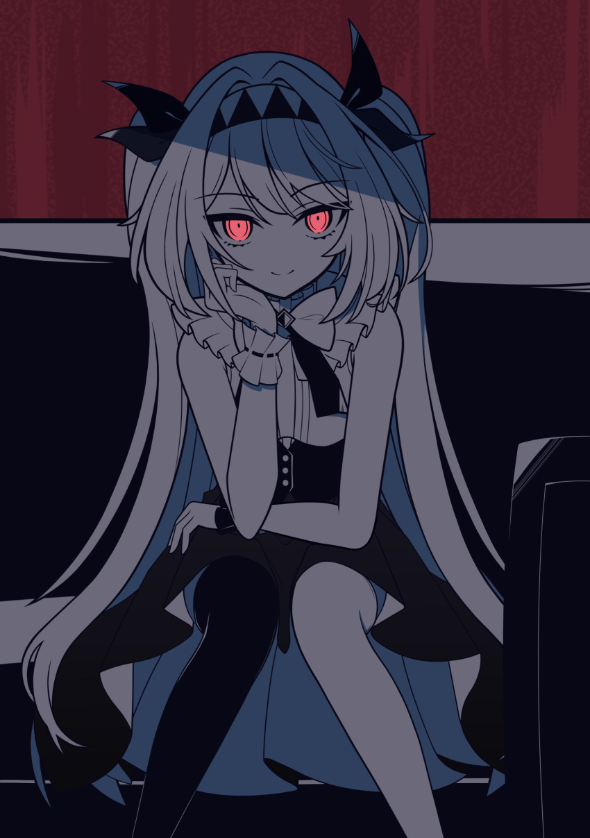 1girl, arm_rest, asymmetrical_legwear, bare_shoulders, black_corset, black_thighhighs, black_wrist_cuffs, bow